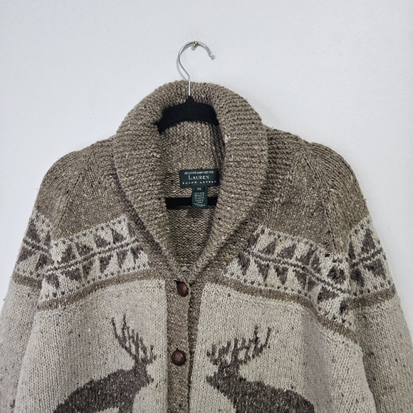 SOLD VTG Ralph Lauren Handknit Winter Deer Wool Cardigan Men's XL Brown - Picture 3 of 15